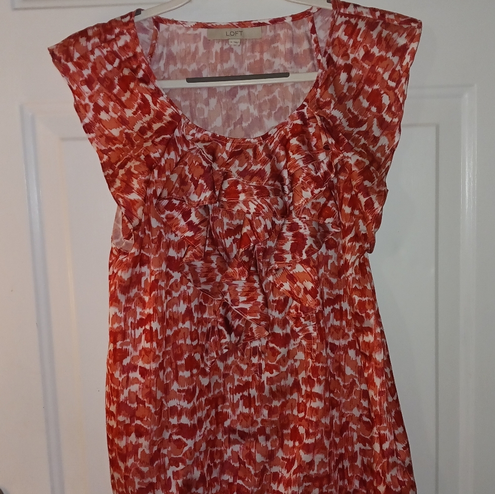 Loft Orange and White ruffled top Size M